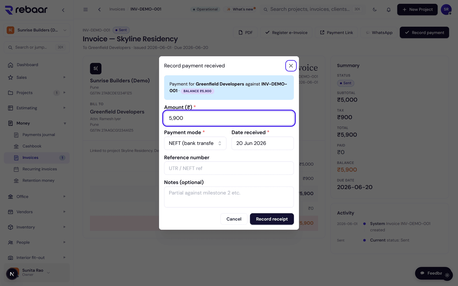 Raising an RA-bill invoice with e-Invoice and recording payment